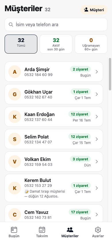 Müşteri defteri listesi